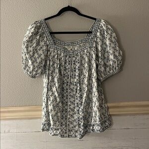 Blue and white floral blouse